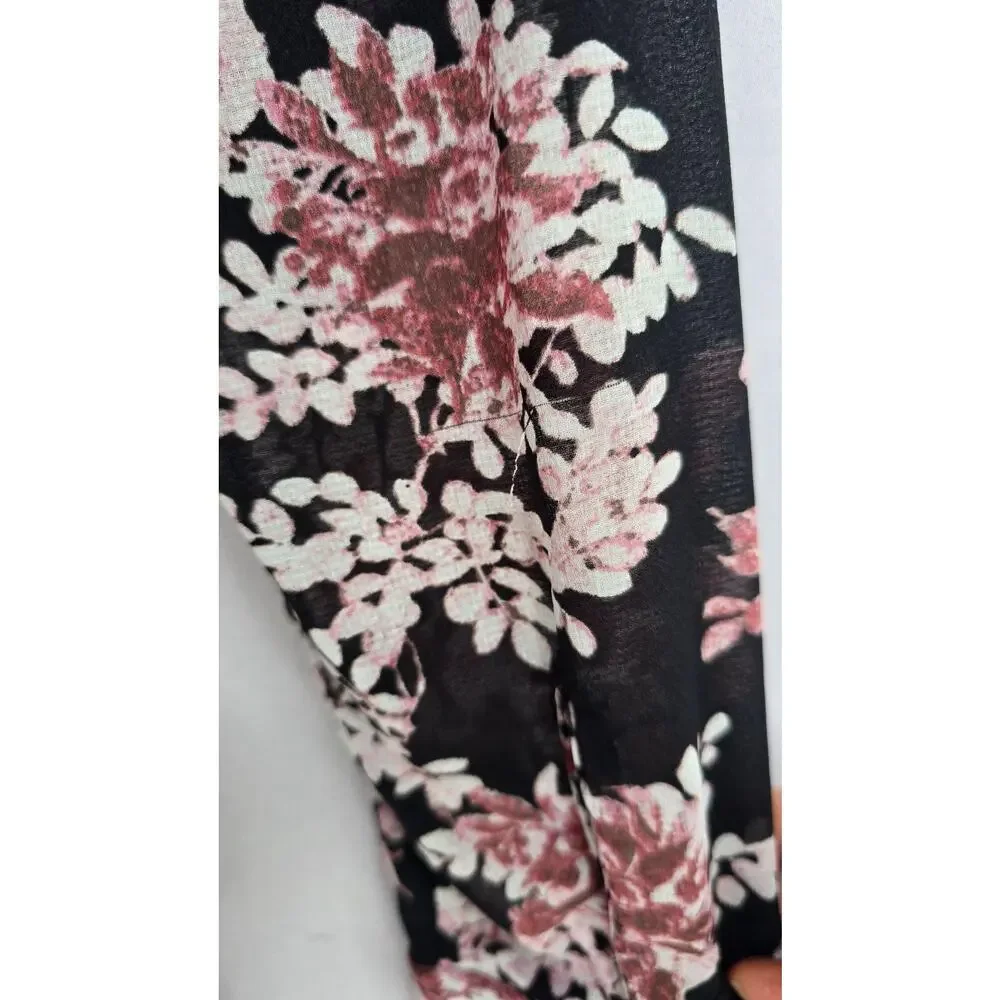 Free People Romper Womens Medium Black Floral Sheer Wrap Long Sleeve Buttons